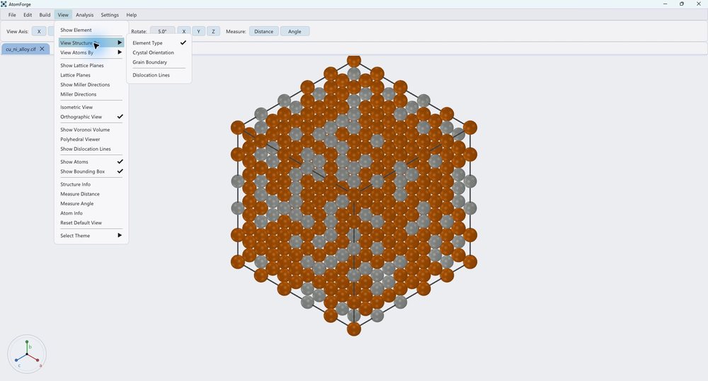 AtomForge main window with the View menu open over a Cu-Ni alloy nanoparticle