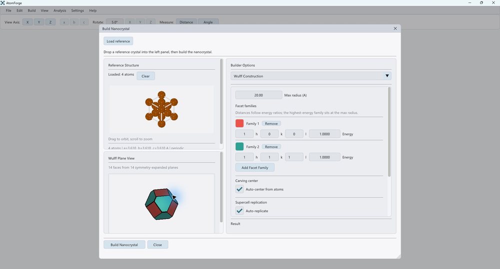 AtomForge nanocrystal builder with a Wulff shape preview